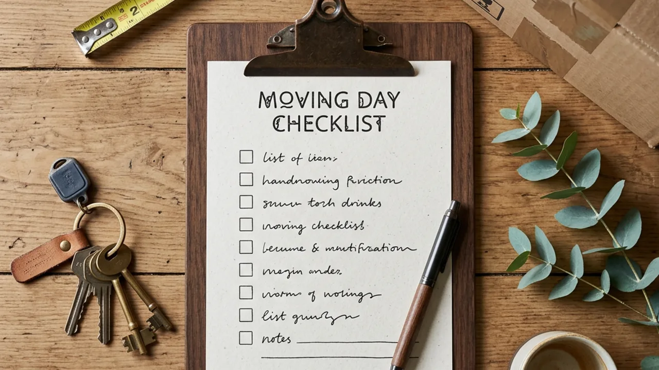 Flat lay of a clipboard checklist, house keys and a tape measure on a warm timber surface
