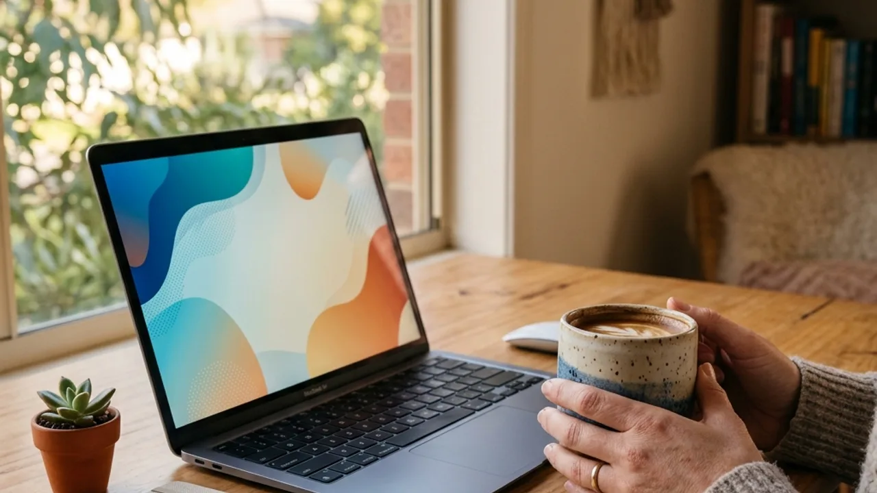 Hands with a coffee mug beside a laptop on a tidy home desk in warm morning light